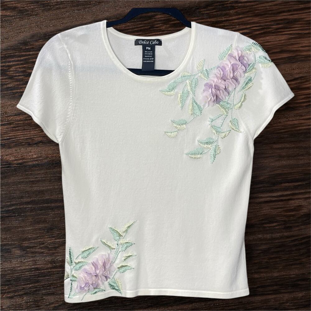 3D Floral Applique Knit Top Cottagecore Romantic White Petite Medium